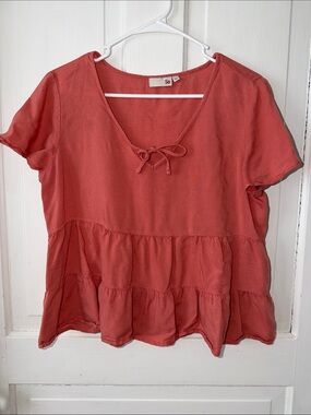 SO Coral Tie-Front Peplum Short Sleeve Blouse